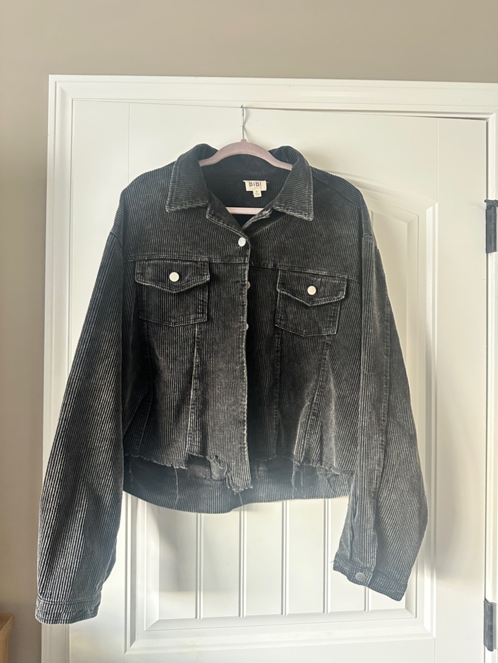 BiBi Washed Black Corduroy Crop Jacket with Raw Hem